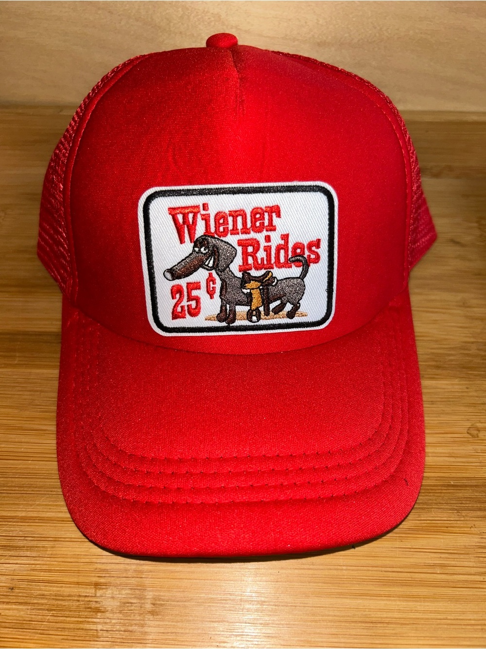 Red 'Wiener Rides' Trucker Hat - Novelty Men's Cap